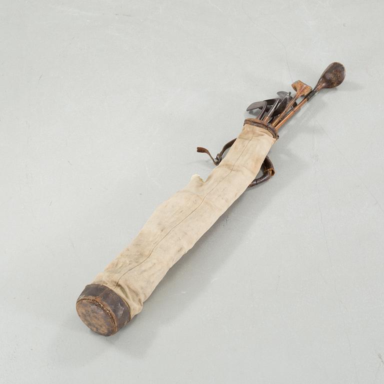 Seven golf clubs with bag, clubs by by "J Winton" & "Josh Taylor",, first half of the 20th century.