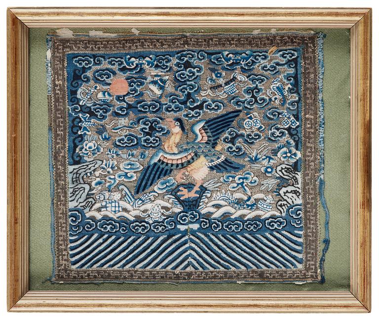 RANK BADGE, silk, a so called Buzi. 28,5 x 30,5 cm. Qing dynasty, China 19th century.