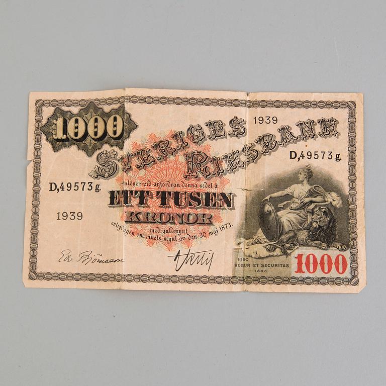 SEDEL, 1000 kronor, Sverige 1939.