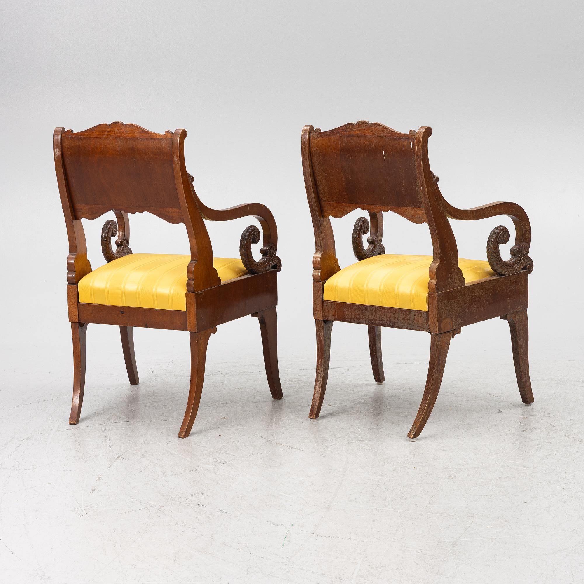 A pair of Russian/Baltic Empire mahogany armchairs, 1830's/40's.