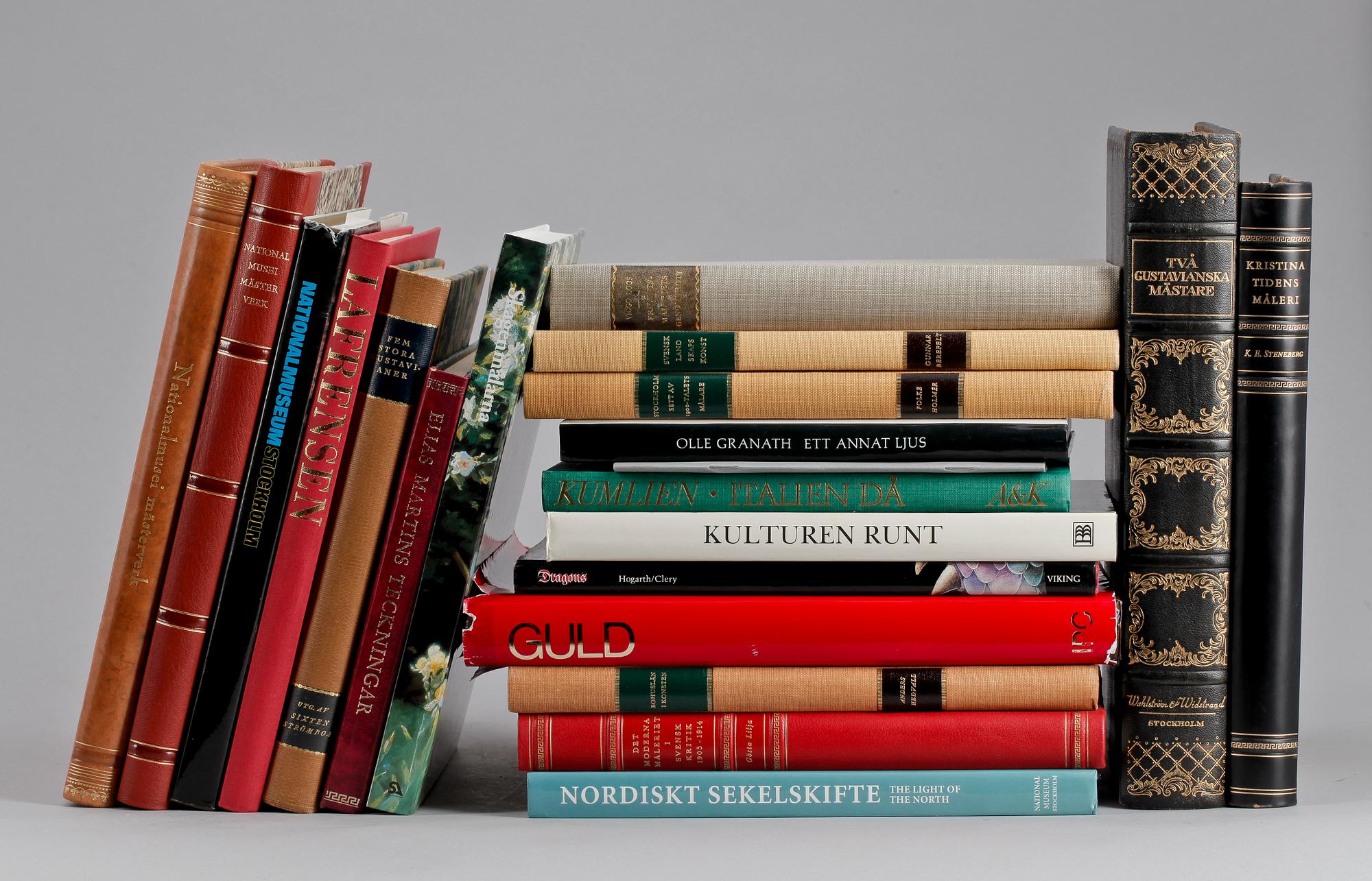 PARTI BÖCKER, 19 st, konstböcker, bla "Två gustavianska mästare, Niklas Lafrensen dy och Elias Martin i samtida gravyrer" av Karl Asplund, Stockholm 1925.