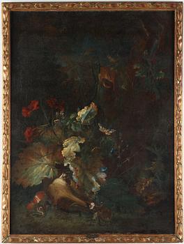 Abraham Jansz. Begeyn Attributed to, A flower piece with poppy, cornflower, butterfly and a snake.