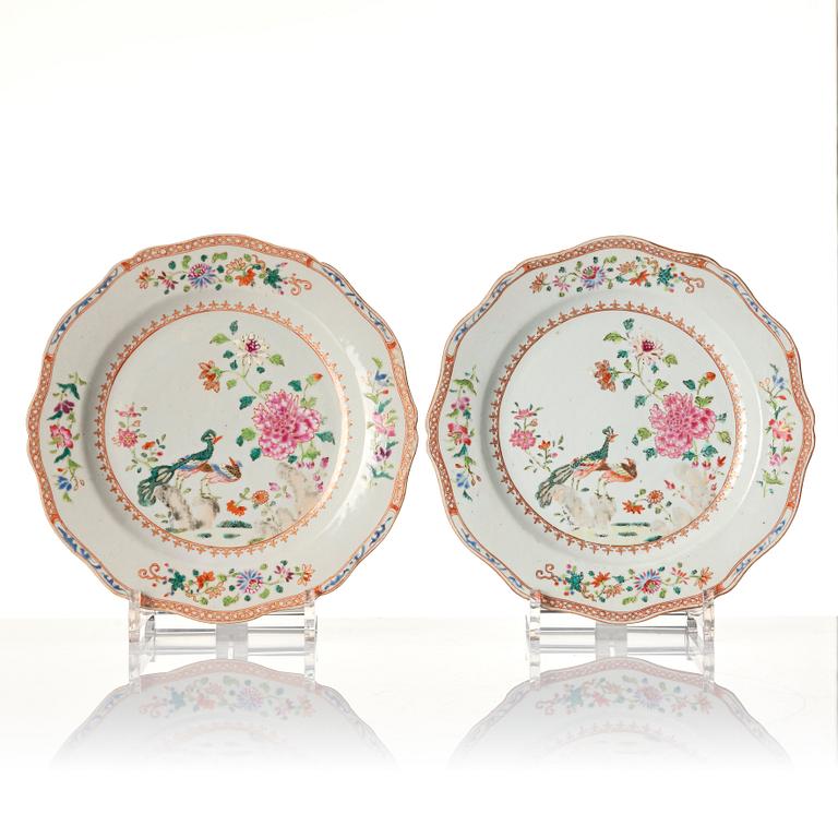 A set of six famille rose 'double peacock' dishes, Qing dynasty, Qianlong (1736-95).