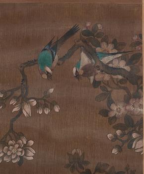 A Chinese scroll painting, ink and colour on silk laid on paper, Qing dynasty, 19th Century, after Yun Bing.