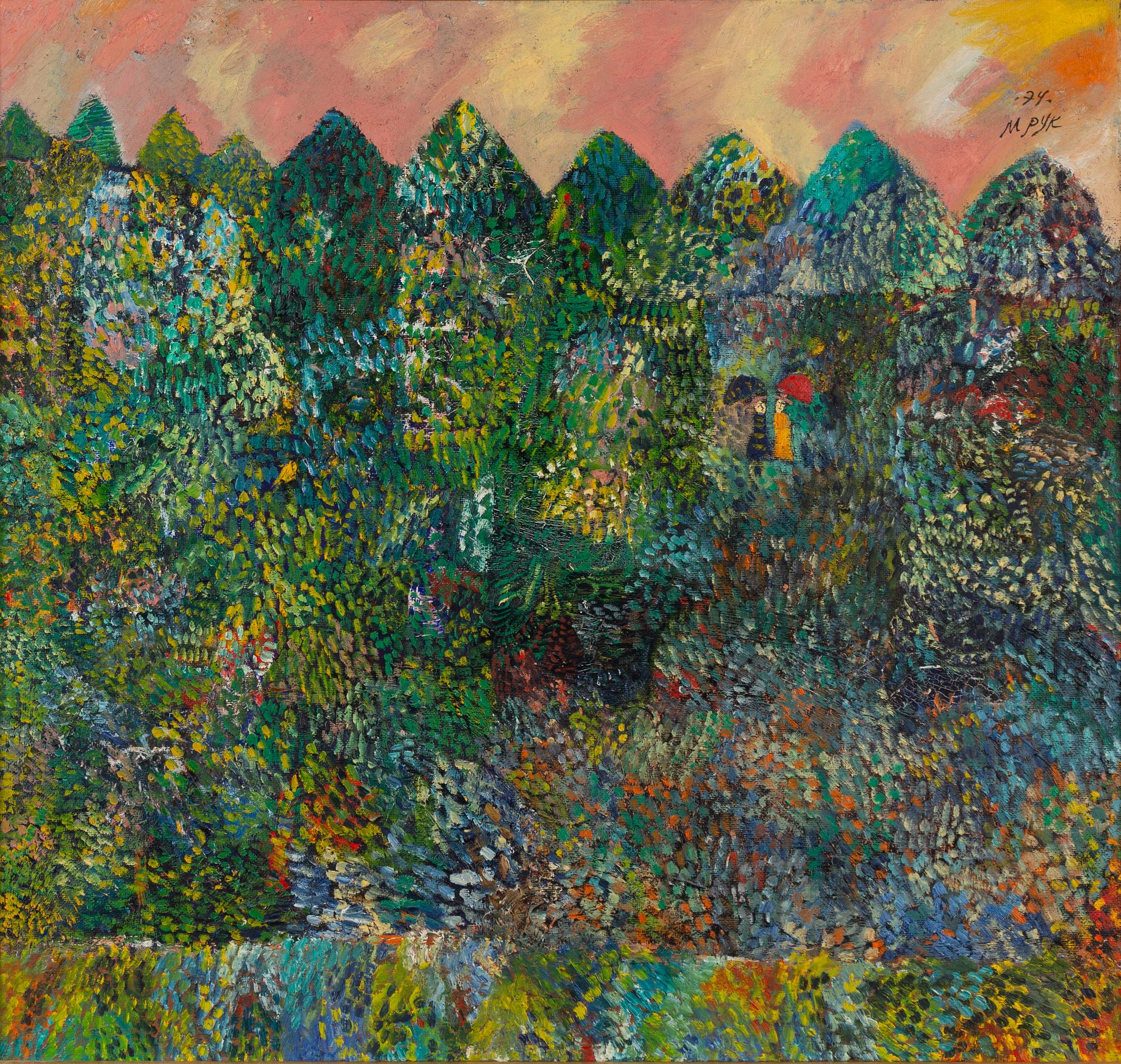 Madeleine Pyk, Lush landscape with figures walking.