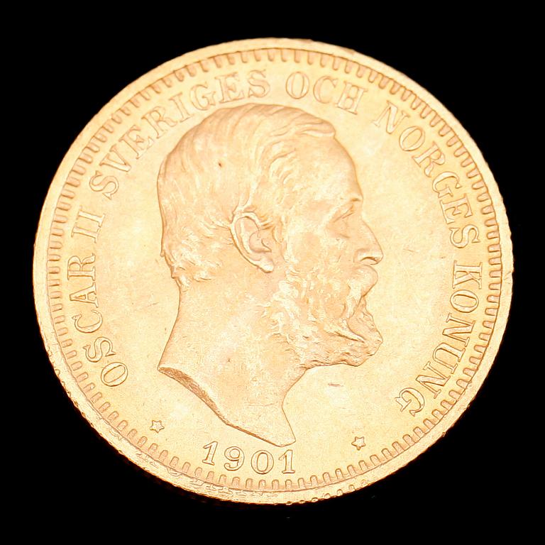 GULDMYNT, 20 kr, Oscar II, 1901. Vikt ca 9 g.