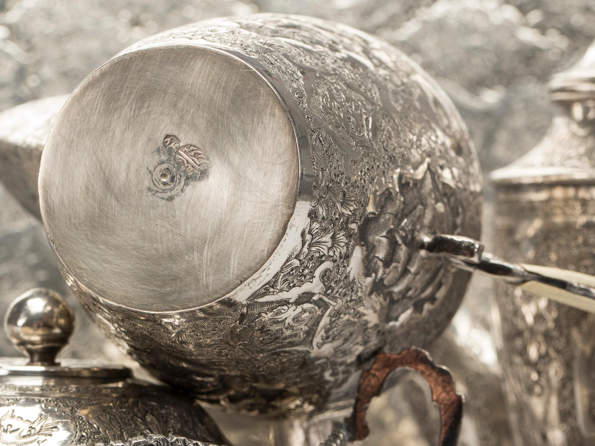 KAFFESERVIS, silver, 5 delar, utländska stämplar, Orienten.  1940-tal. Vikt ca 1580 g.
