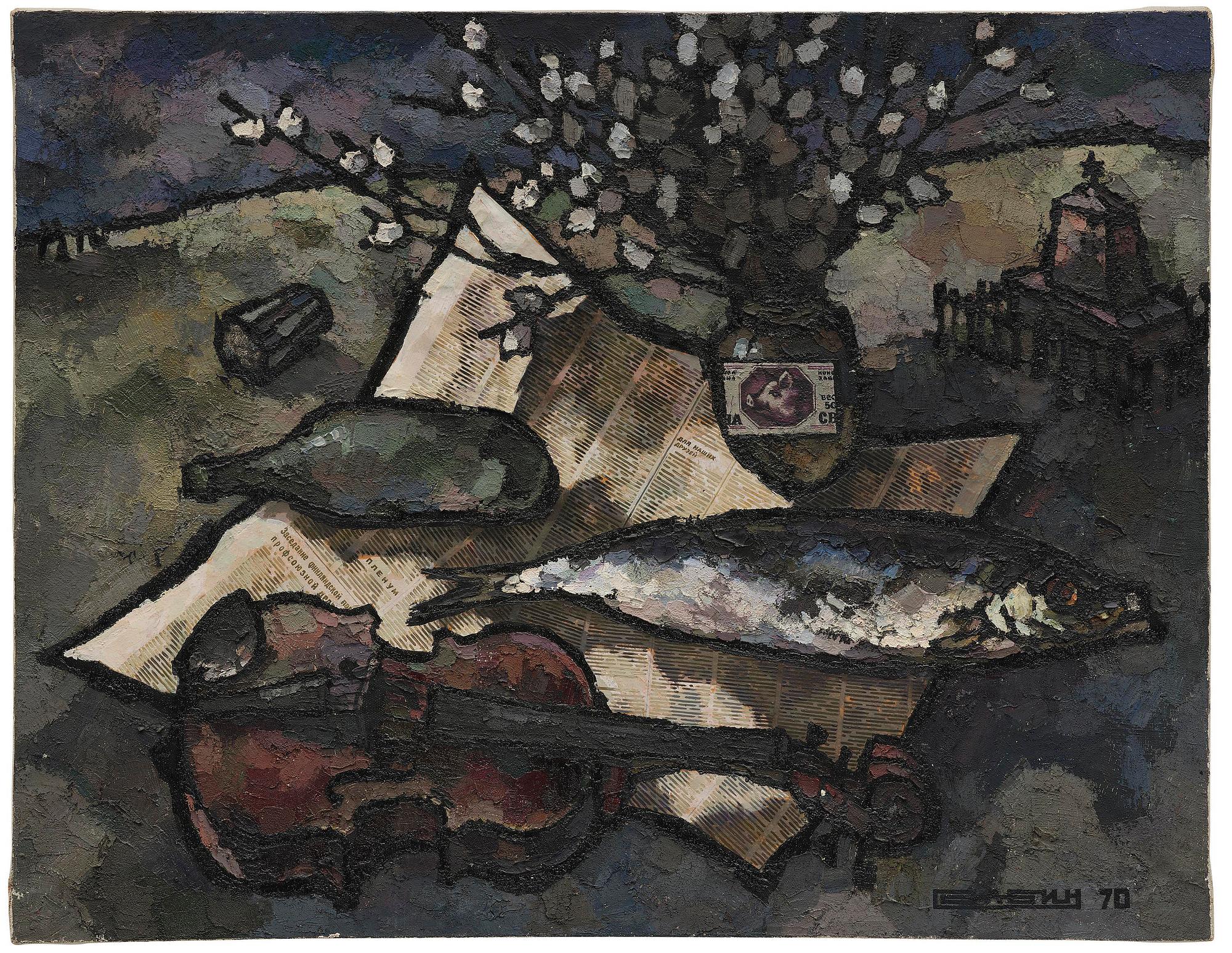 Oskar Rabin, Still life with fish, vodka bottle, banknote and newspaper.