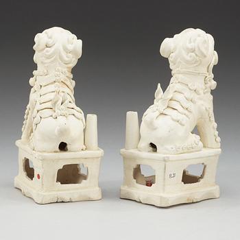 A pair of blanc de chine joss stick holders, Transition, 17th Century.