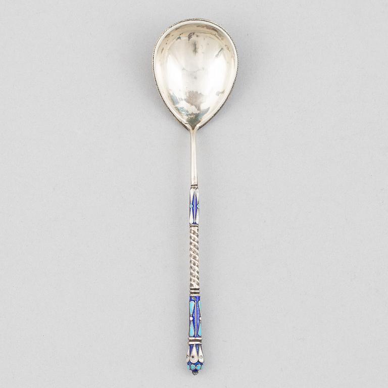 A Russian silver and enamel spoon, Moscow, 1908-26.