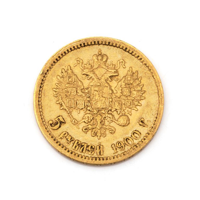 A RUSSIAN 5 RUBEL GOLD COIN, Nikolai II, 1900. Ca 3 grams.