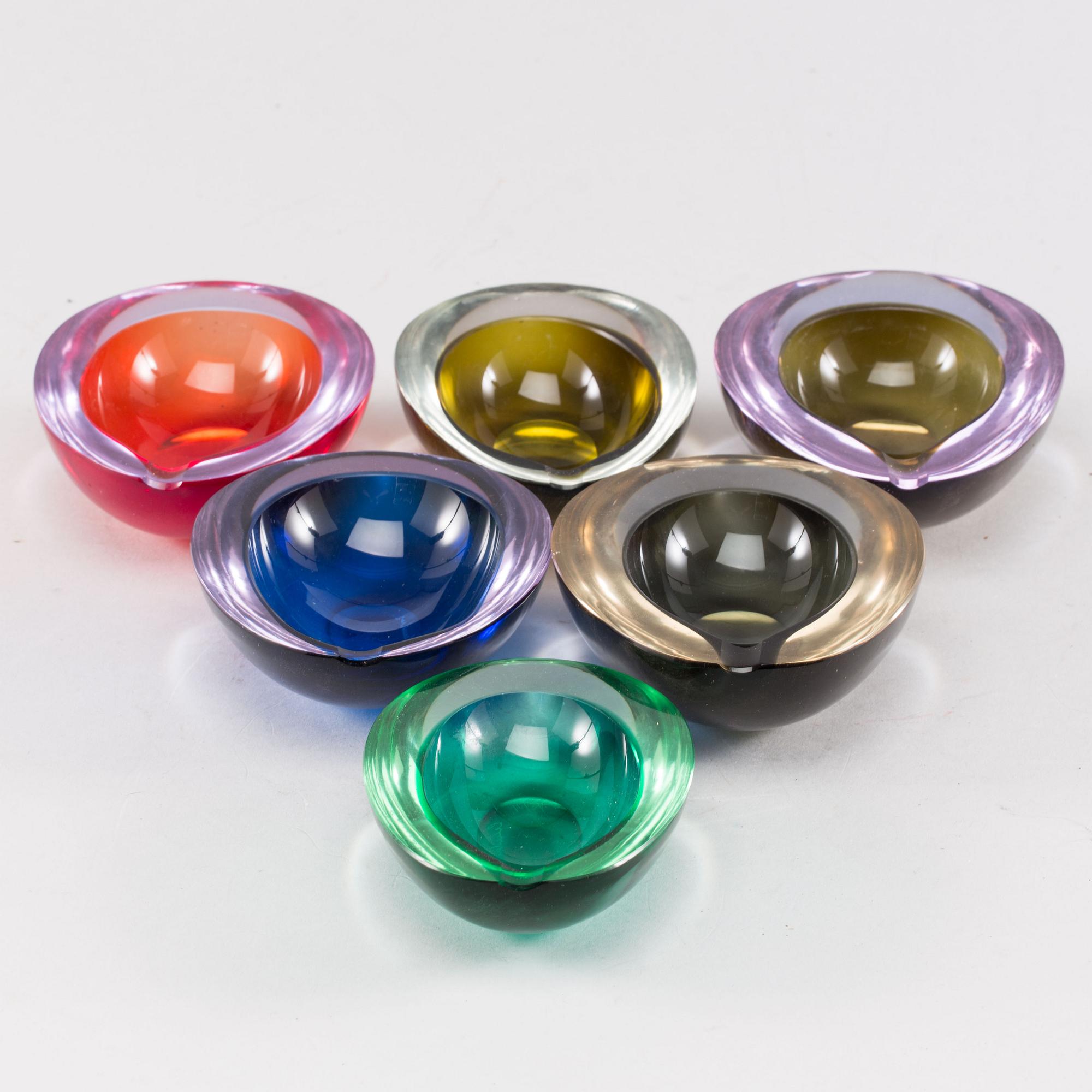 A set of 6 Murano glass ashtrays, 1965.