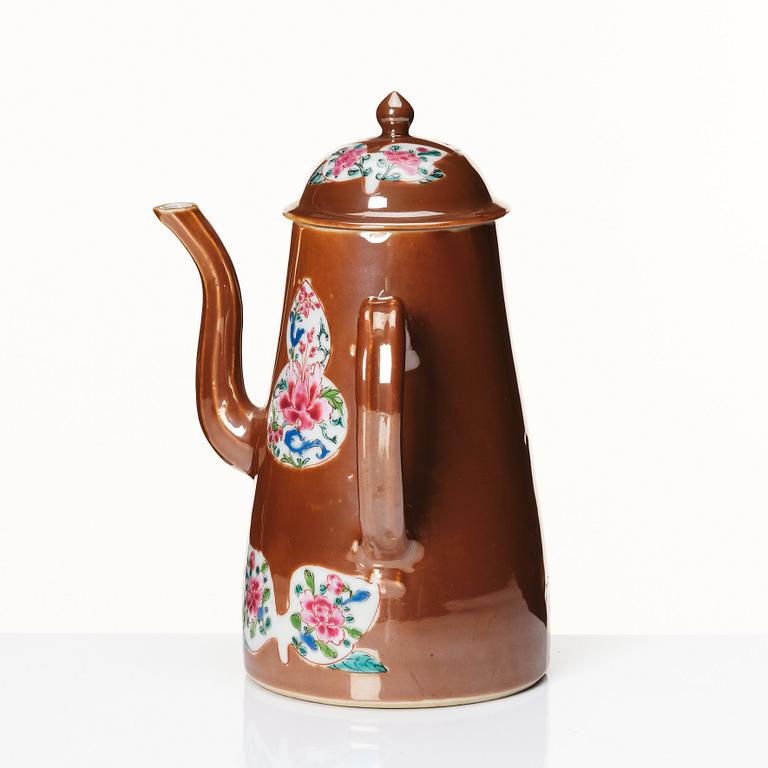 A cappuciner brown and famille rose coffee pot with cover, Qing dynasty, 18th Century.