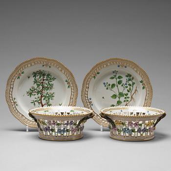 370. A pair of Royal Copenhagen "Flora Danica" chesnut baskets with stands, Denmark, mid 20th Century.