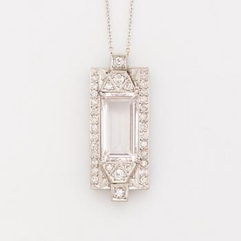 White gold, morganite and eight cut diamond necklace.