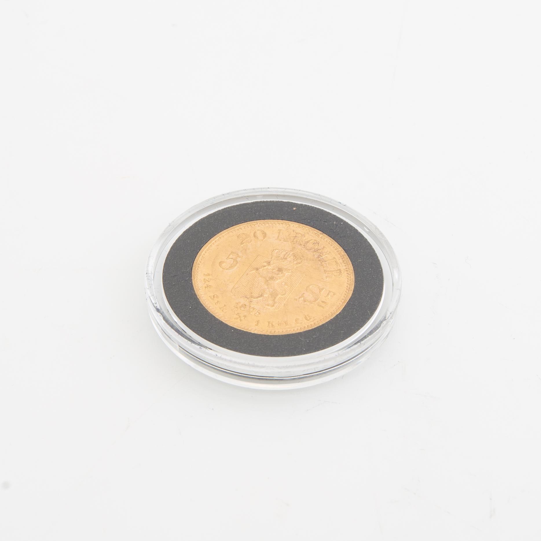 Guldmynt Norge, Oscar II 20 kr 5 Speciedaler, 1875.