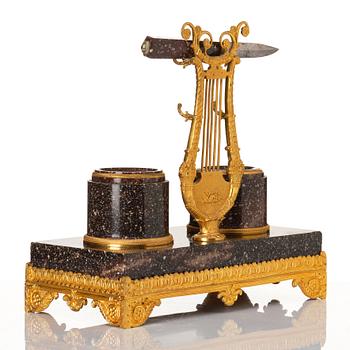 A Swedish porphyry and bronz ink stand, 19th century.