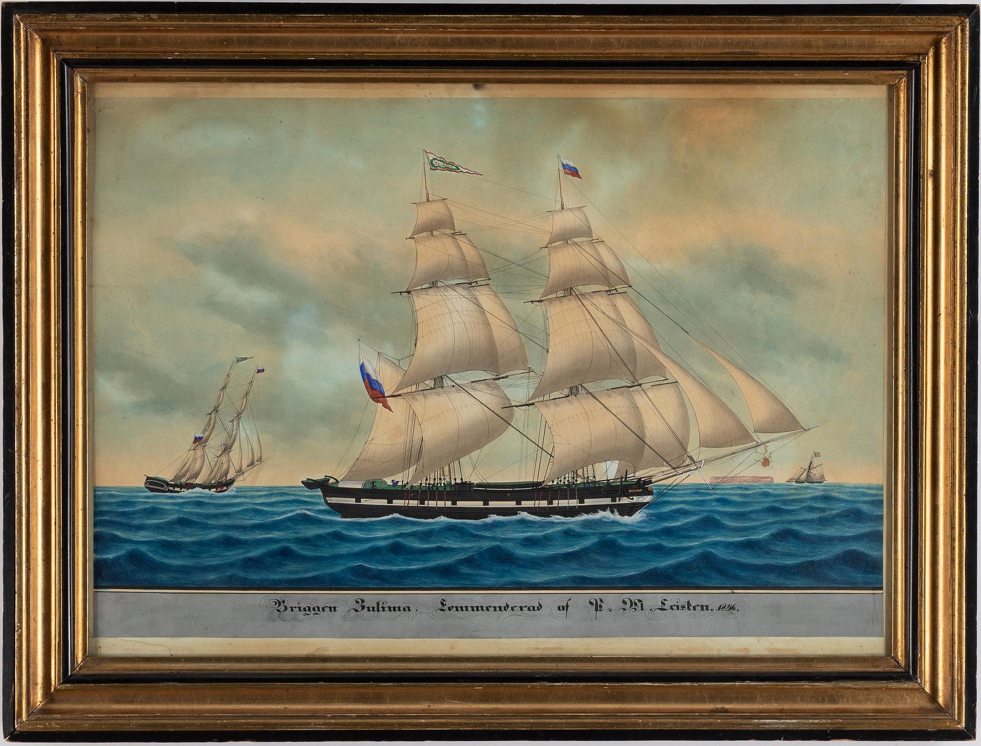 Skeppsporträtt, akvarell/gouache, 1800-tal.