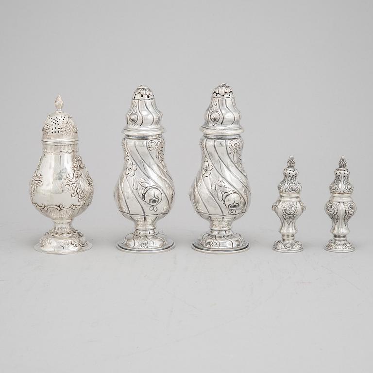 2+2+1 rococo style silver sugar shakers, Swedish import mark.