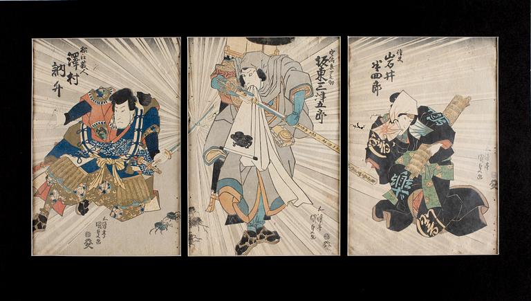 UTAGAWA KUNISADA, triptyk, träsnitt, Japan, 1800-tal.