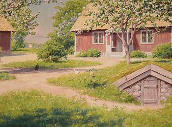 Johan Krouthén, Sunny landscape with red cottage.