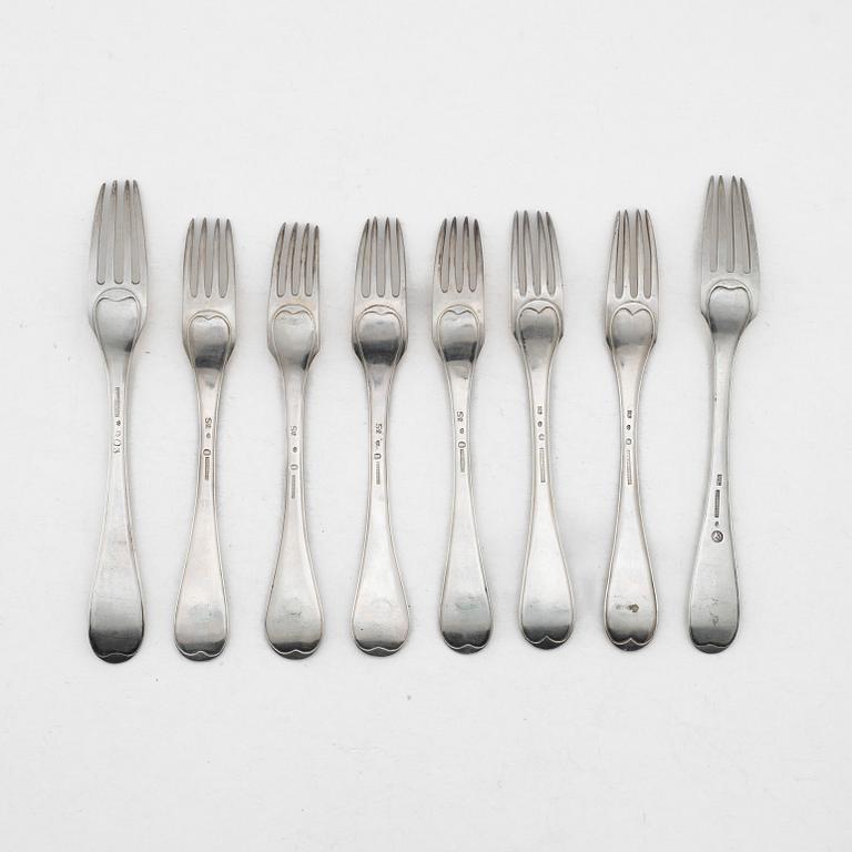 Eight Swedish silver forks, first half of the 19th century.