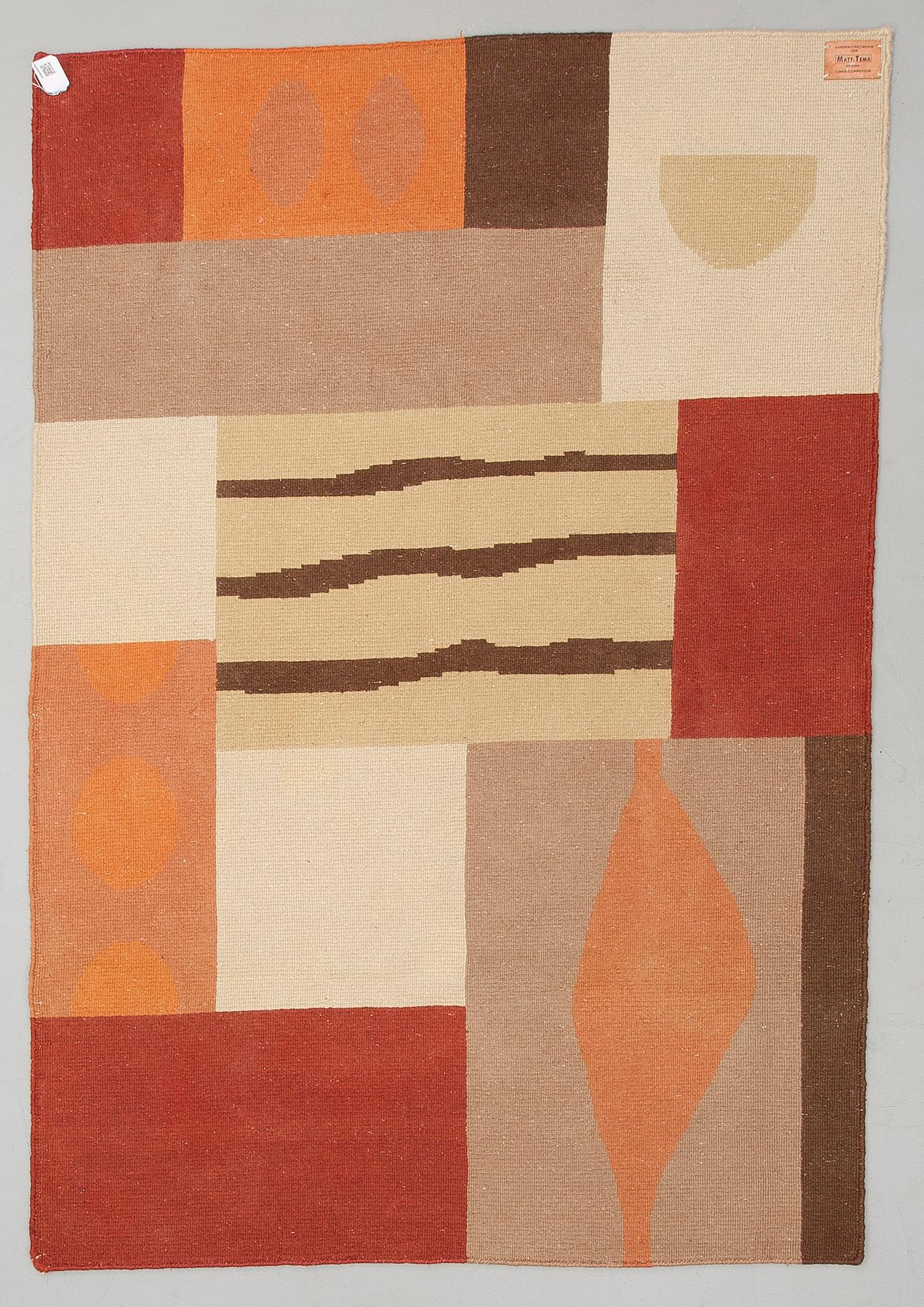 MATTO, käsinsolmittu, design Linda Sjunneson, Matt-tema. Noin 232 x 161 cm.