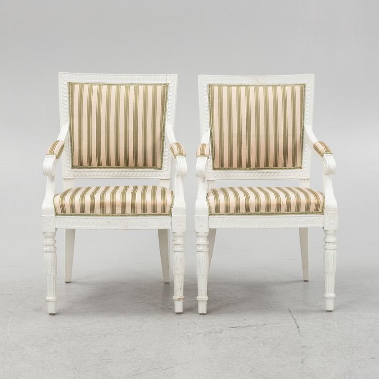 A pair of Gustavian style armchairs, around 1900.
