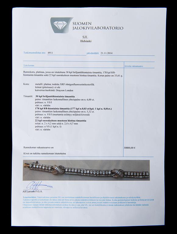RANNEKORU, briljantti-, baguette- ja 8/8-hiotut timantit, platinaa. Drayson London.