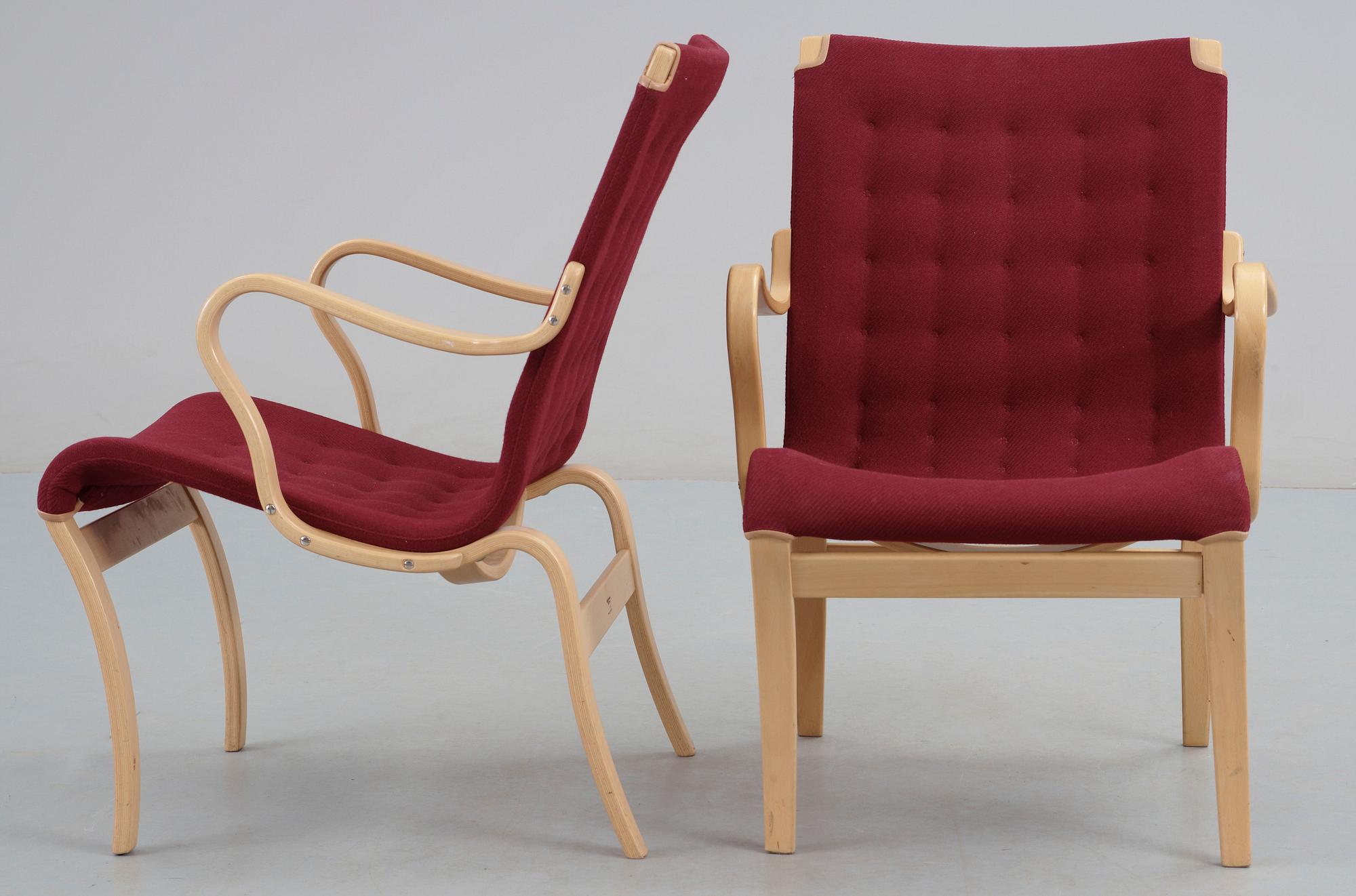 FÅTÖLJER, ett par, "Mina", Bruno Mathsson, Mathsson International Värnamo, 1900-talets slut.