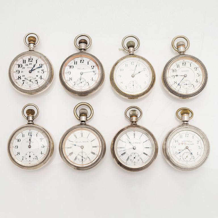 Kokoelma taskukelloja, 16 kpl, hopeaa.