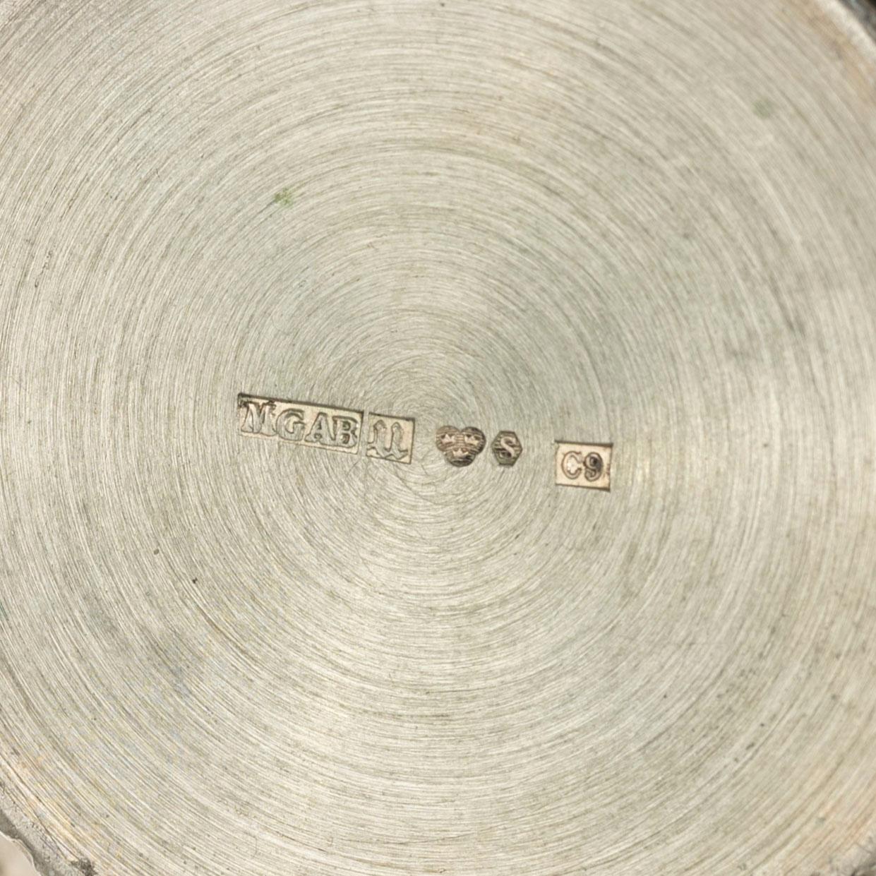 Three cups, dish, basket, jug, bowl, and ring holder, silver.