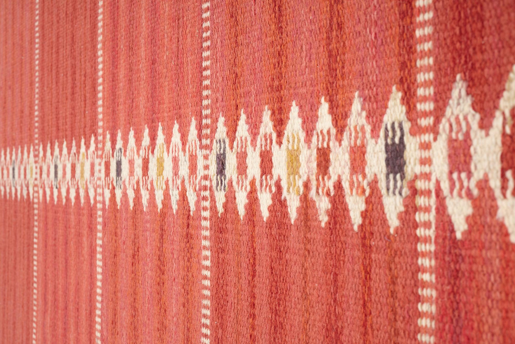Barbro Nilsson, A CARPET, "Salerno kallröd med enkel bård", flat weave, ca 217 x 149,5 cm, signed AB MMF BN.