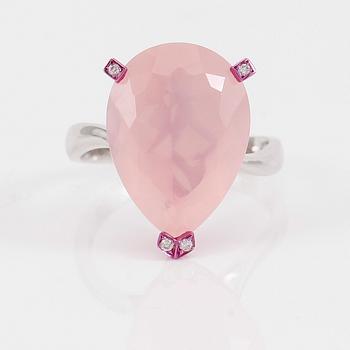 RING, 14K vitguld, diamanter och rosenkvarts.