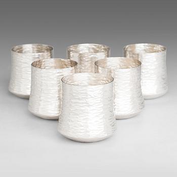 TAPIO WIRKKALA, A set of six silver beakers, marked TW, Kultakeskus, Hämeenlinna, Finland 1975-76.