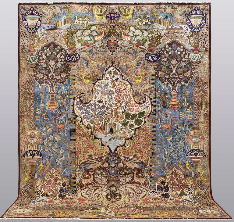 A carpet, Figural Kashmar, ca 388 x 295 cm.