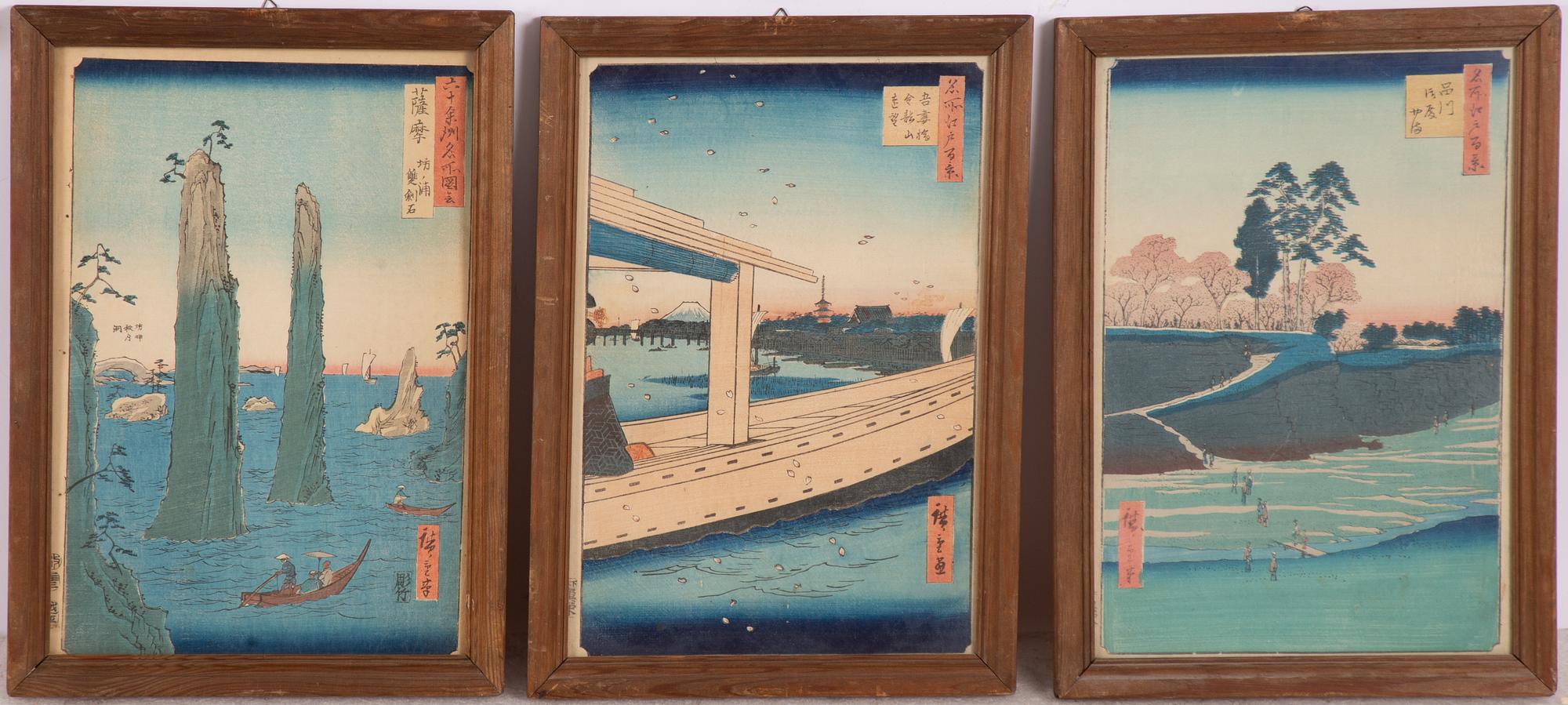 Ando Utagawa Hiroshige, Three woodblock prints. From "One Hundred Famous Views of Edo" and "Pictures of Famous Places in the Sixty-odd Provinces.