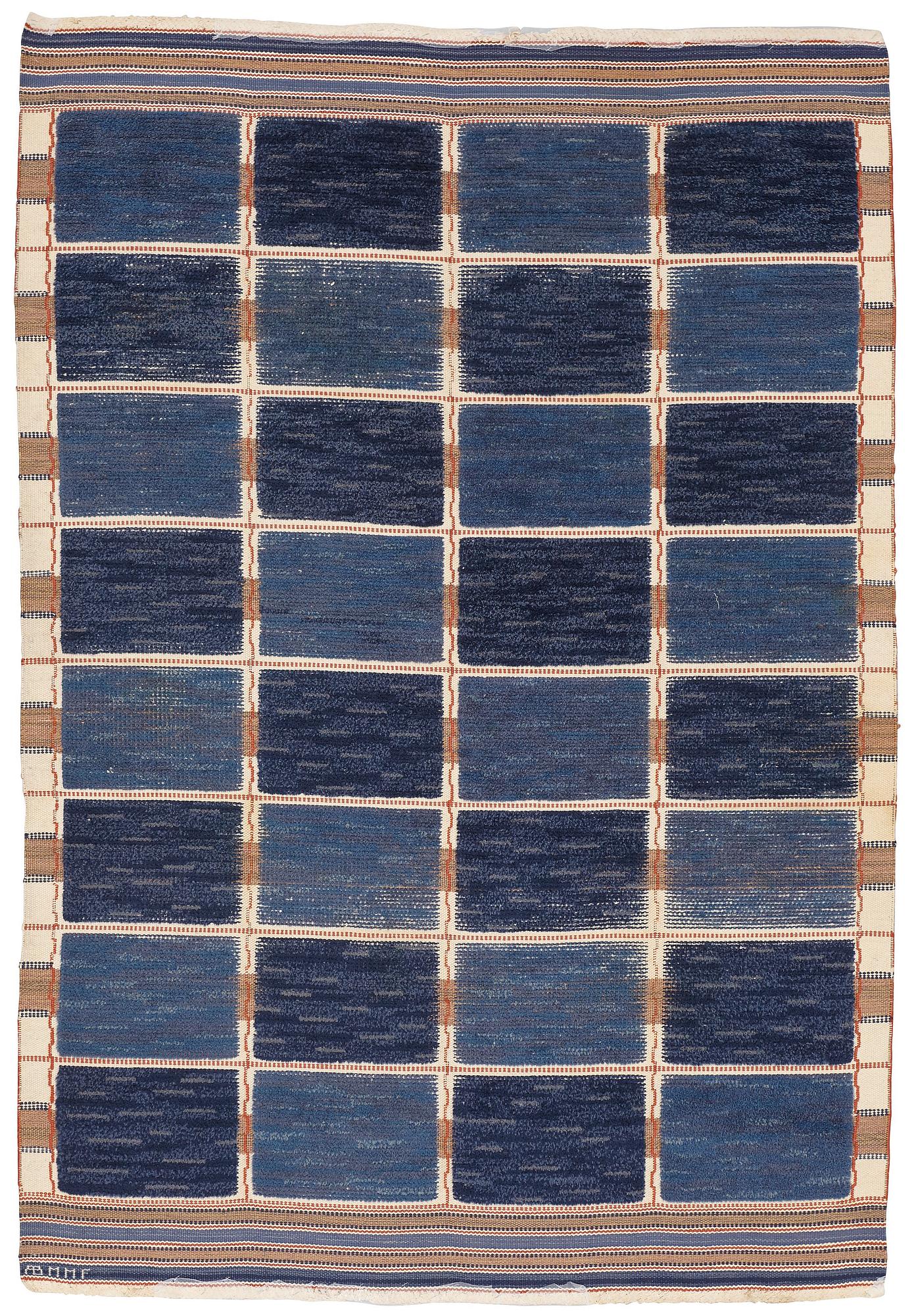 Märta Måås-Fjetterström, A CARPET, "Rutig blå halvflossa", knotted pile in relief, ca 251,5-252,5 x x 170,5-172,5 cm, signed AB MMF.