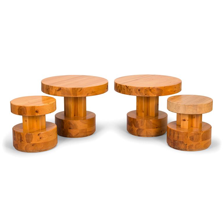 A pair of pine tables and a pair of pine stools.
