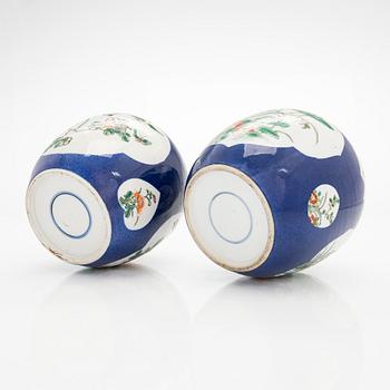 A pair of famille verte jars with covers, China mid 20th century.
