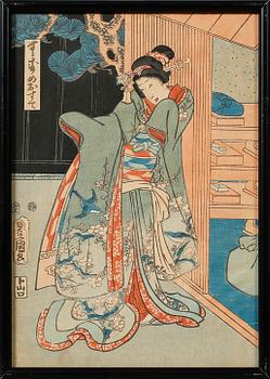 UTAGAWA KUNISADA (TOYOKUNI III), tillskrivna, 3 st, träsnitt, signerad i trycket.