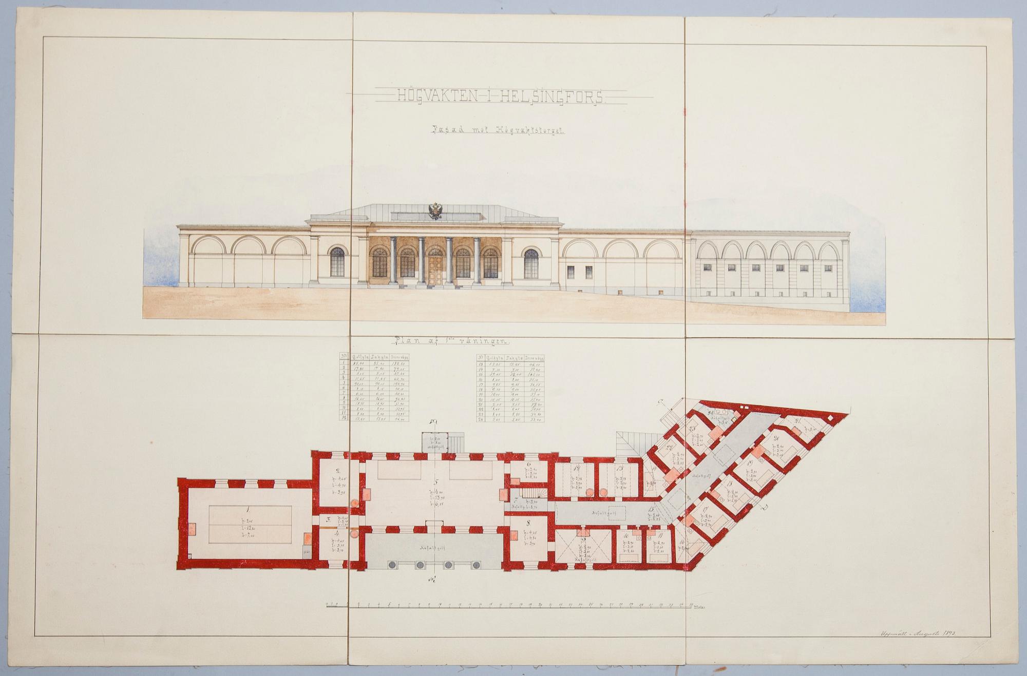 ARKITEKTRITNING, 2 st, akvareller, daterad 1893 i Helsingfors.