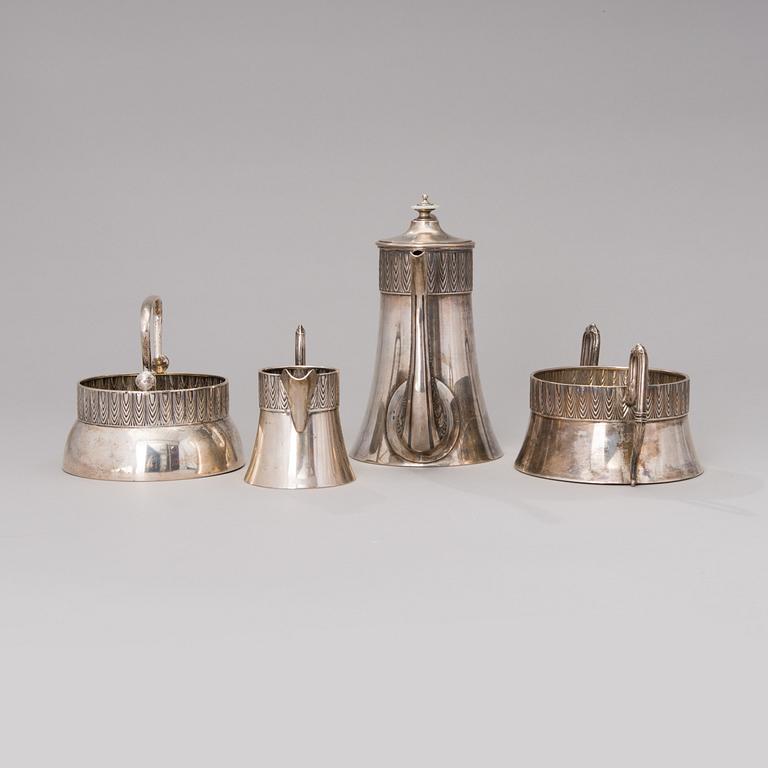 A FOUR PIECE RUSSIAN COFFEE SET, silver, Vasily Agafonov Moscow 1908-17.