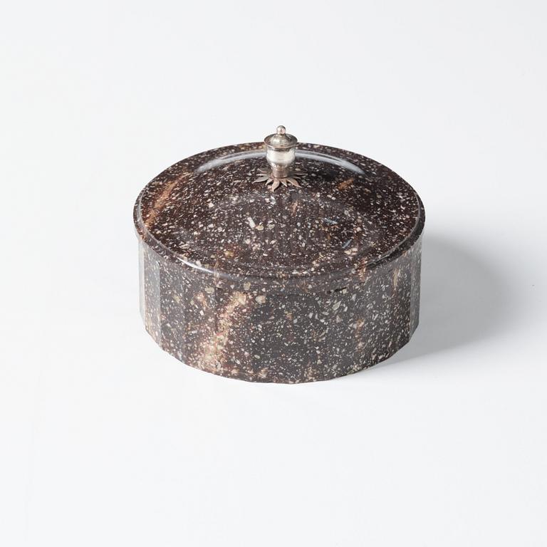 A Swedish Empire porphyry butter box with cover, 19th century.