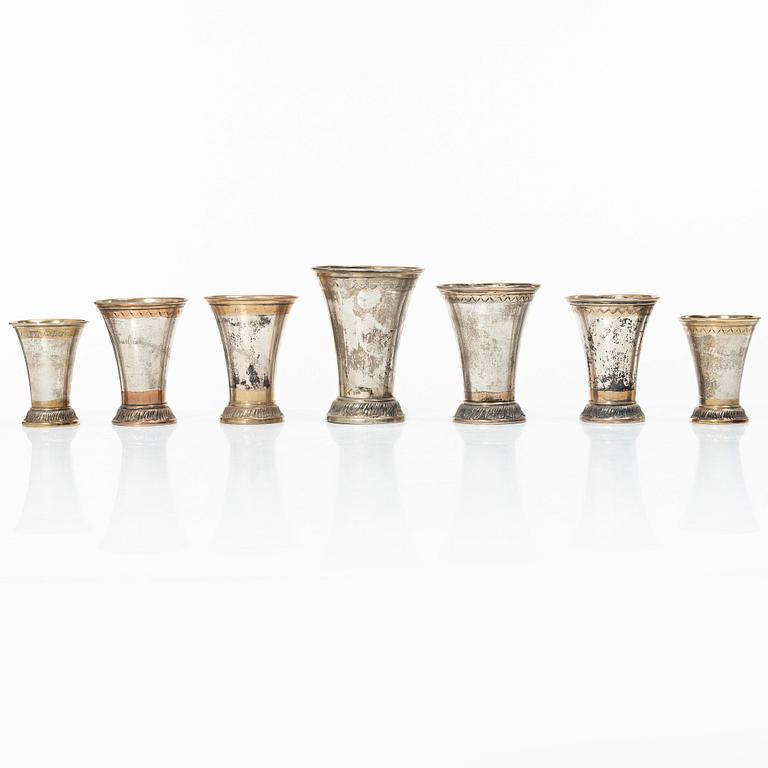 Bägare, 7 st, silver, KG Markströms, Uppsala 1912-1926.