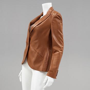 A brown leather jacket by Ralph Lauren.