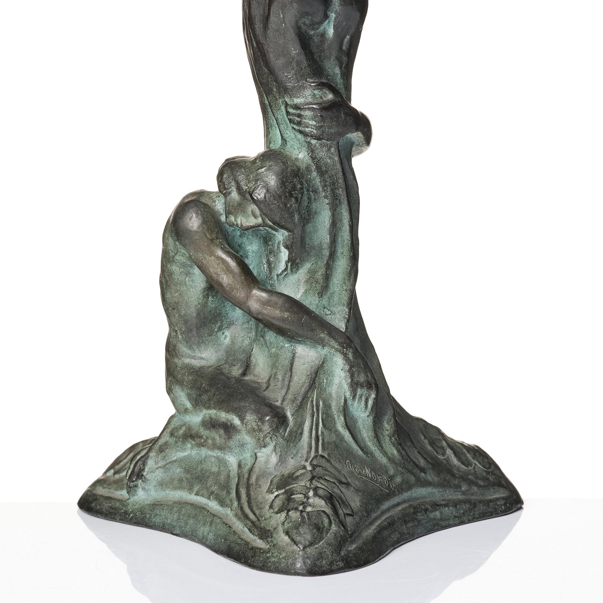 Alice Nordin, an Art Nouveau patinated bronze table lamp "Night and Morning", Herman Bergman's foundry, Stockholm, early 1900s.