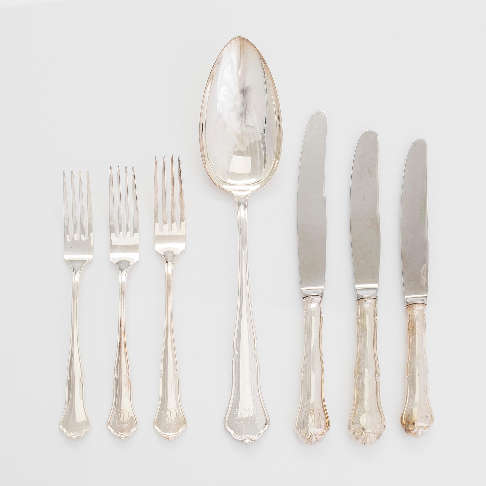 Bestickuppsättning, 55 delar, silver, "Chippendale", tre tillverkare, 1983-94.