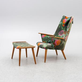 Armchair with footstool, 1950s/60s. Fabric "Tutti Frutti" Sven Fristed, Borås Wäfveri.