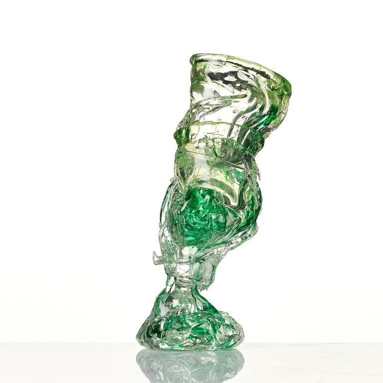 Fredrik Nielsen, a green tinted glass vase/sculpture, his own studio, Sweden, 2024.